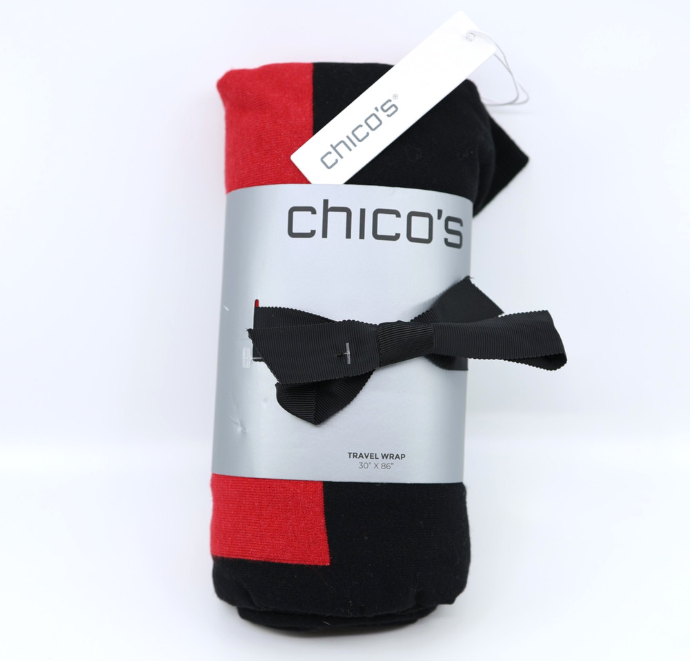 A4 New CHICO'S Reversible Travel Wrap Black Red White One Size Shawl 30"x86" $89